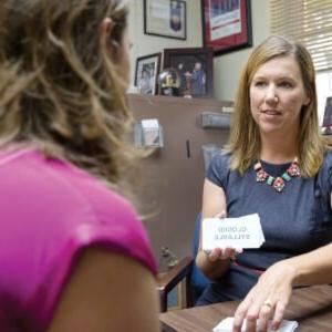 HSU professor going through labeled flash cards with dyslexic student